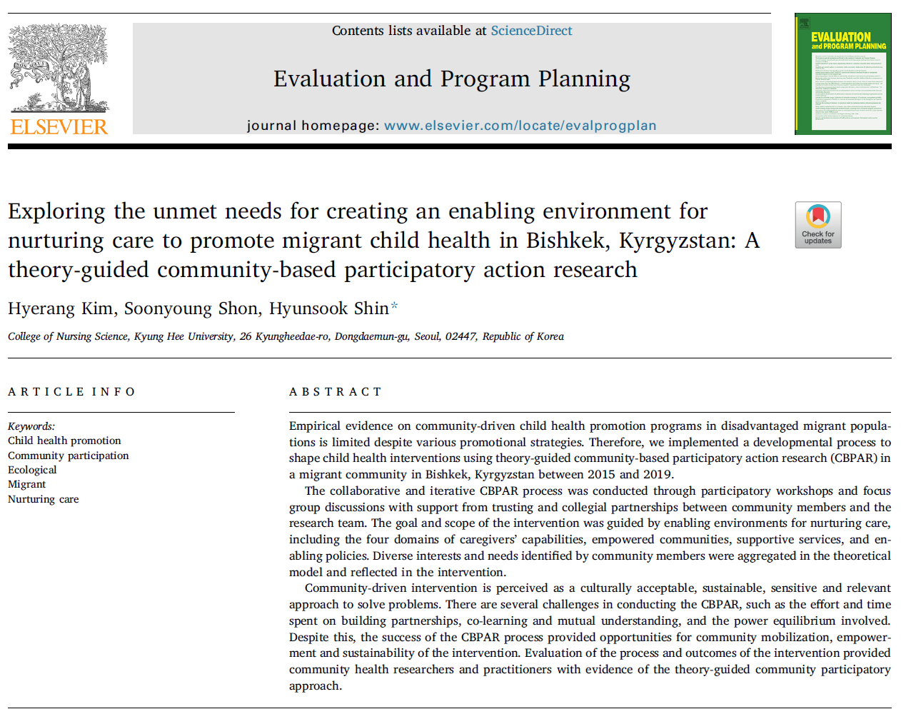 [Researdh Article] Exploring the unmet needs for creating an enabling environment for nurturing care to promote migrant child health in Bishkek, Kyrgyzstan: A theory-guided community-ba<x>sed participatory action research